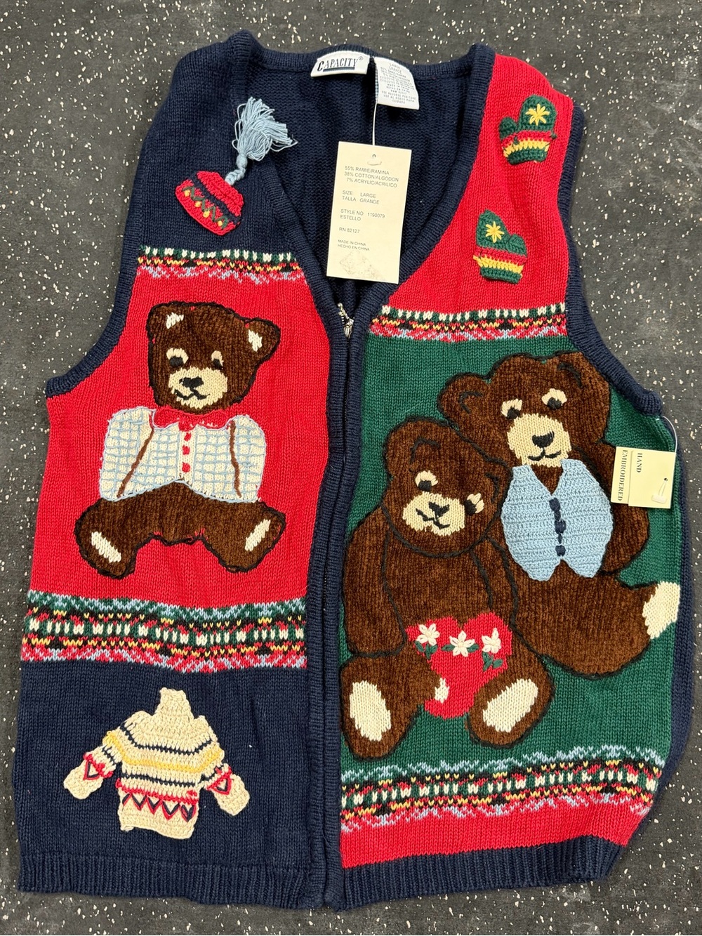 Novelty Teddy Bear Knit Vest - Red, Green & Navy